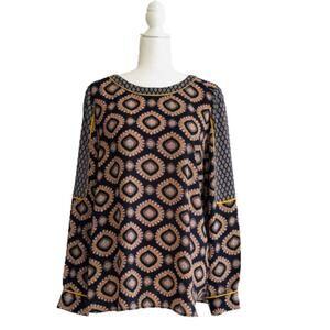 Chelsea & Theodore Blouse Top Navy Medallion Print Boat Neck Long Sleeve Large